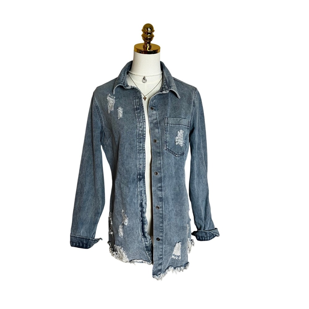 Lala Factory Distressed Denim Shirt Jacket Medium Wash Blue Cotton Size M